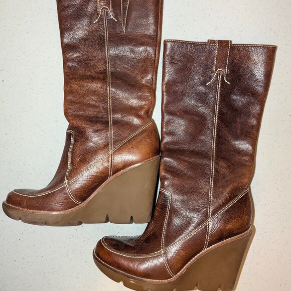Michael Kors Vintage Leather Brown Wedge Pull On Boots Sz 7 - Picture 2 of 9